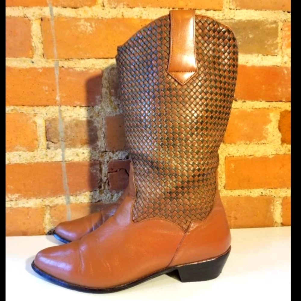DINGO VINTAGE BROWN LEATHER WOVEN BOOTS LLBEAN HIPSTER PREPPY WESTERN COWGIRL